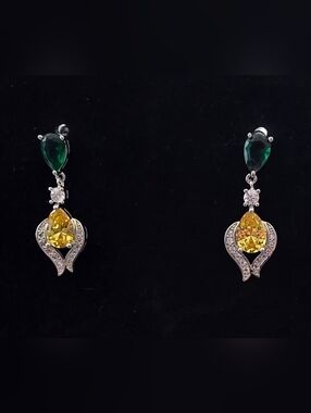 Emerald & Citrine Silver Tone Drop Earrings - Green and Yellow Crystal Dangle